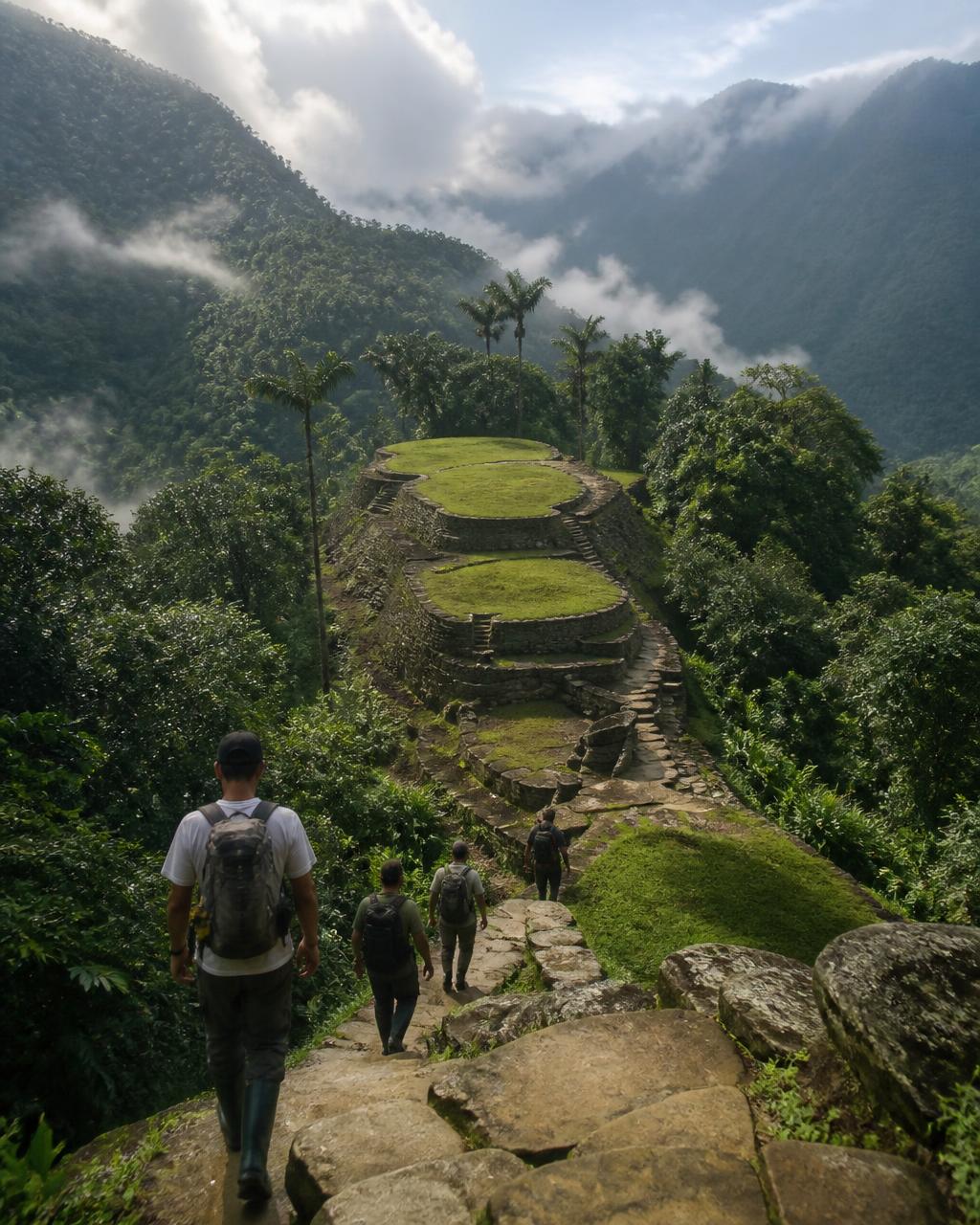 Stone terraces of the Lost City surrounded by misty Colombian jungle mountains