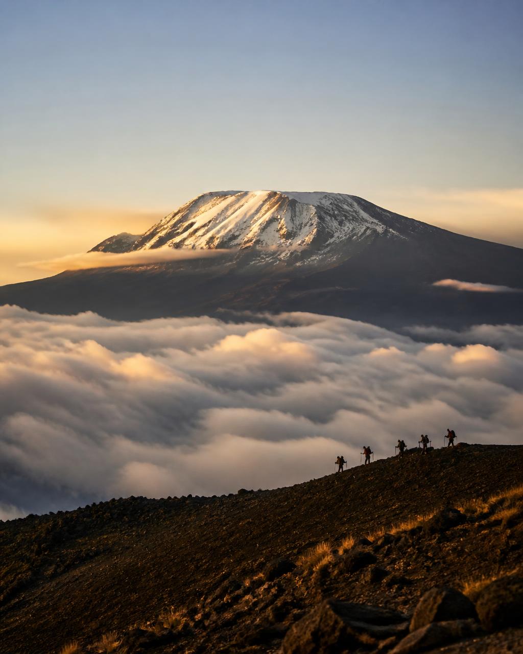 Mount Kilimanjaro rising above a sea of clouds at sunrise with trekkers on a ridge