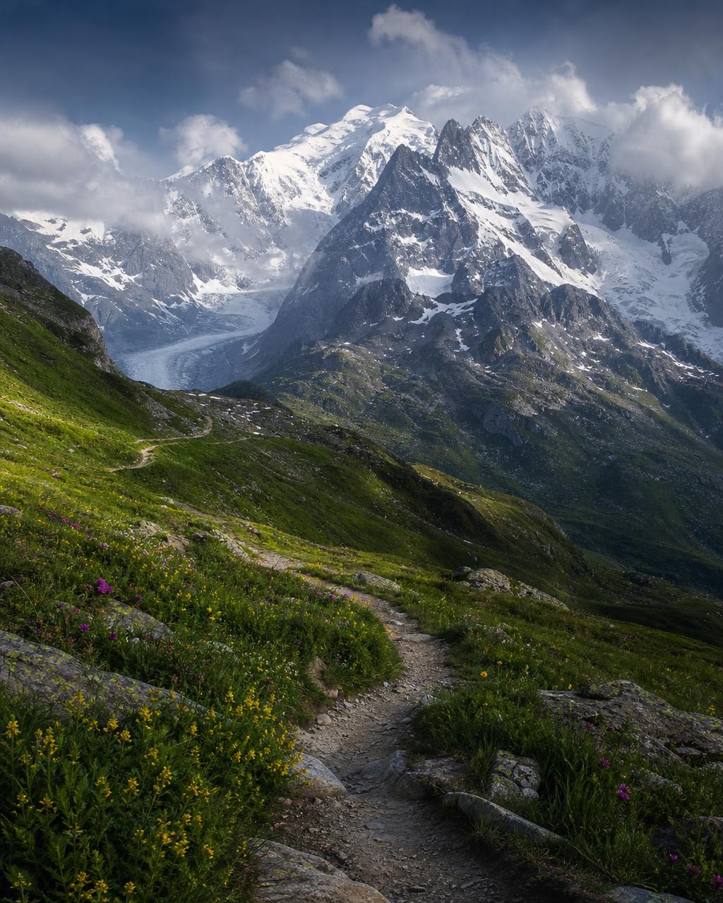Cinematic view of the Tour du Mont Blanc alpine trail with snow-capped peaks