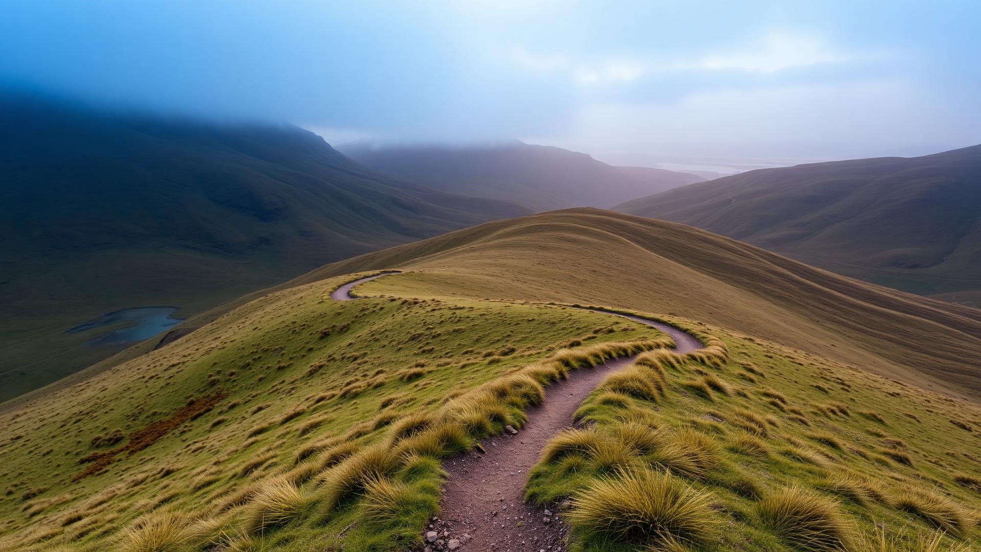 Winding mountain trail across open highlands at dawn