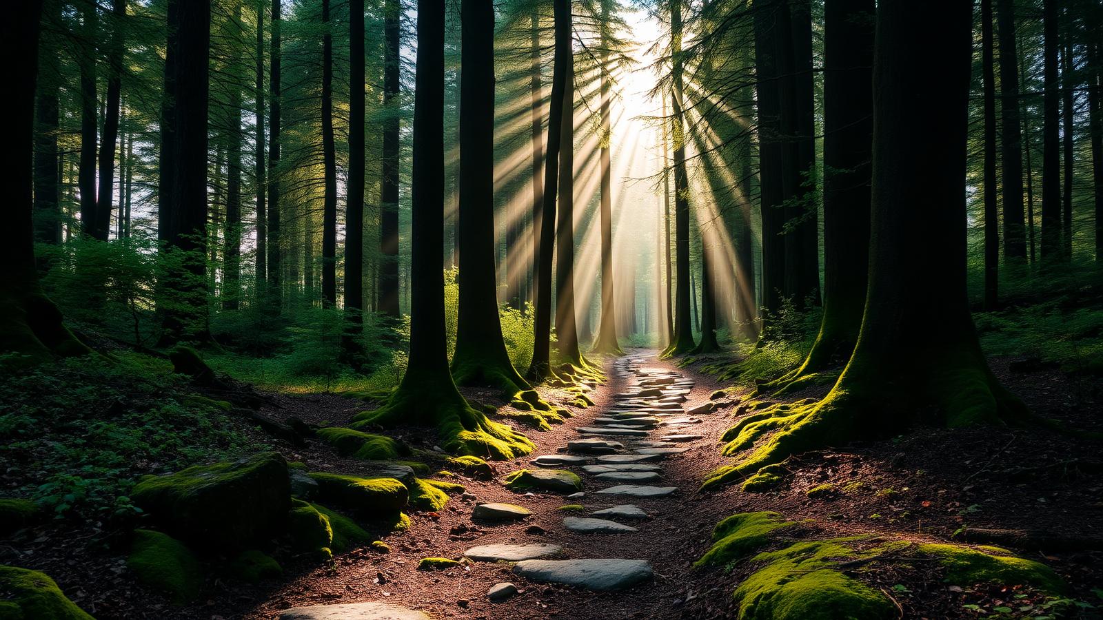 A quiet forest trail lit by morning light